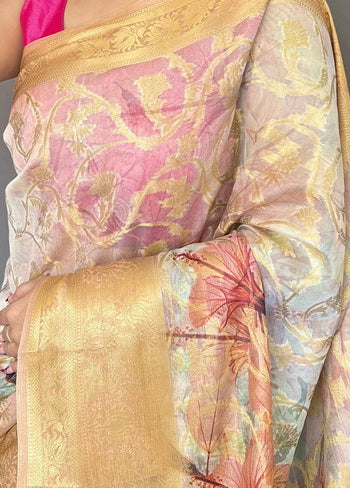 White Zari Woven Spun Silk Saree With Blouse