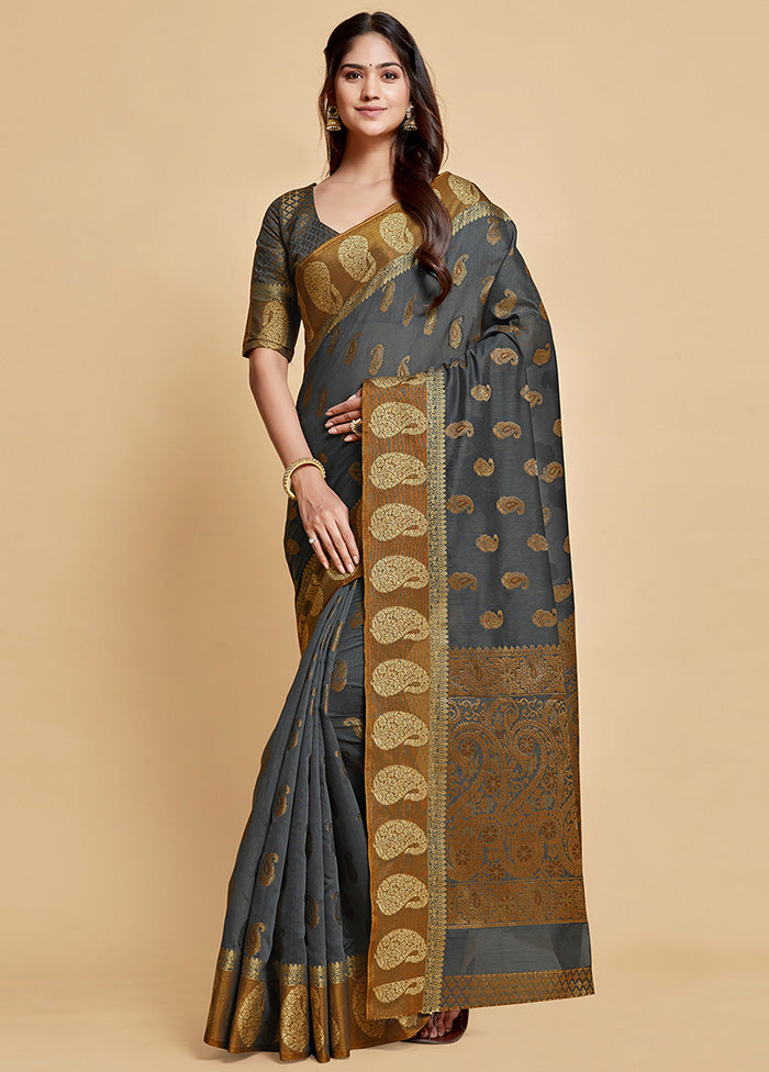 Grey Spun Silk Saree With Blouse Piece