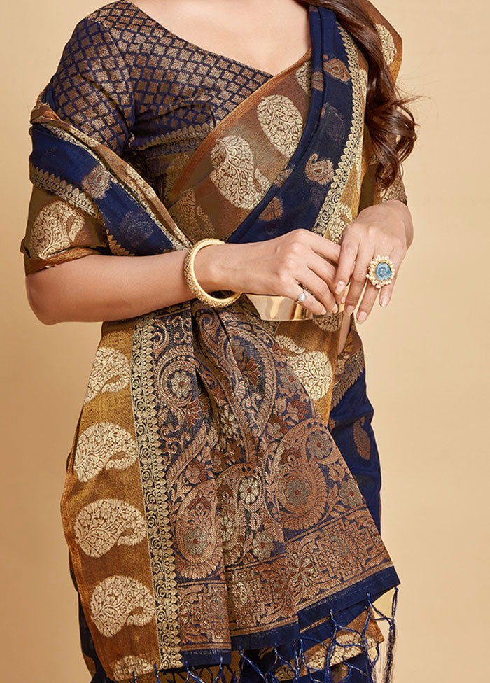 Navy Blue Spun Silk Saree With Blouse Piece