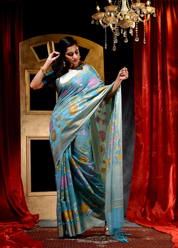 Light Blue Cotton Saree With Blouse Piece