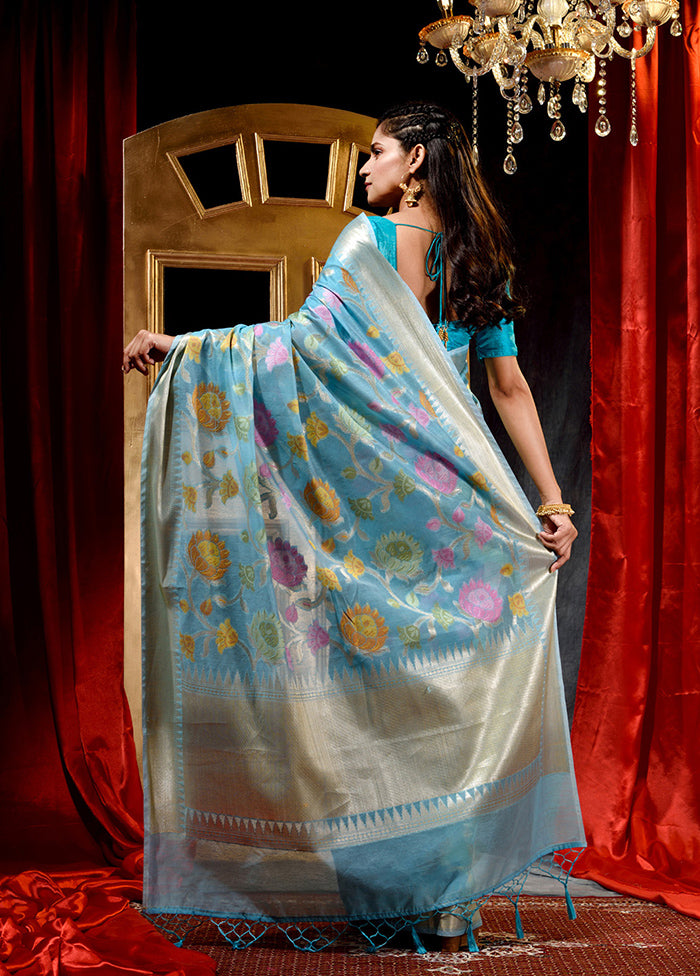 Light Blue Cotton Saree With Blouse Piece