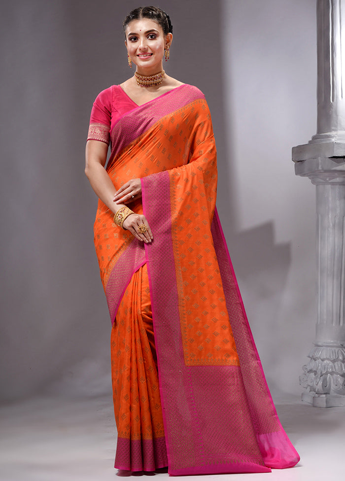 Orange Spun Silk Saree With Blouse Piece