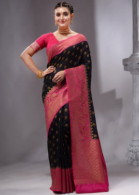 Black Spun Silk Saree With Blouse Piece