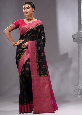 Black Spun Silk Saree With Blouse Piece