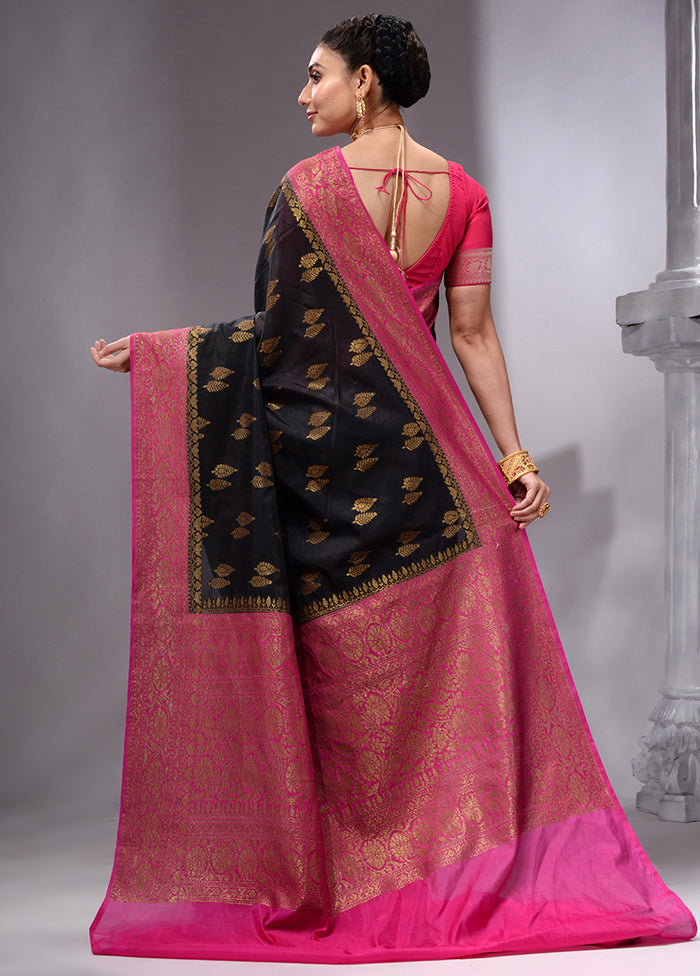 Black Spun Silk Saree With Blouse Piece