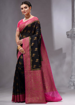 Black Spun Silk Saree With Blouse Piece