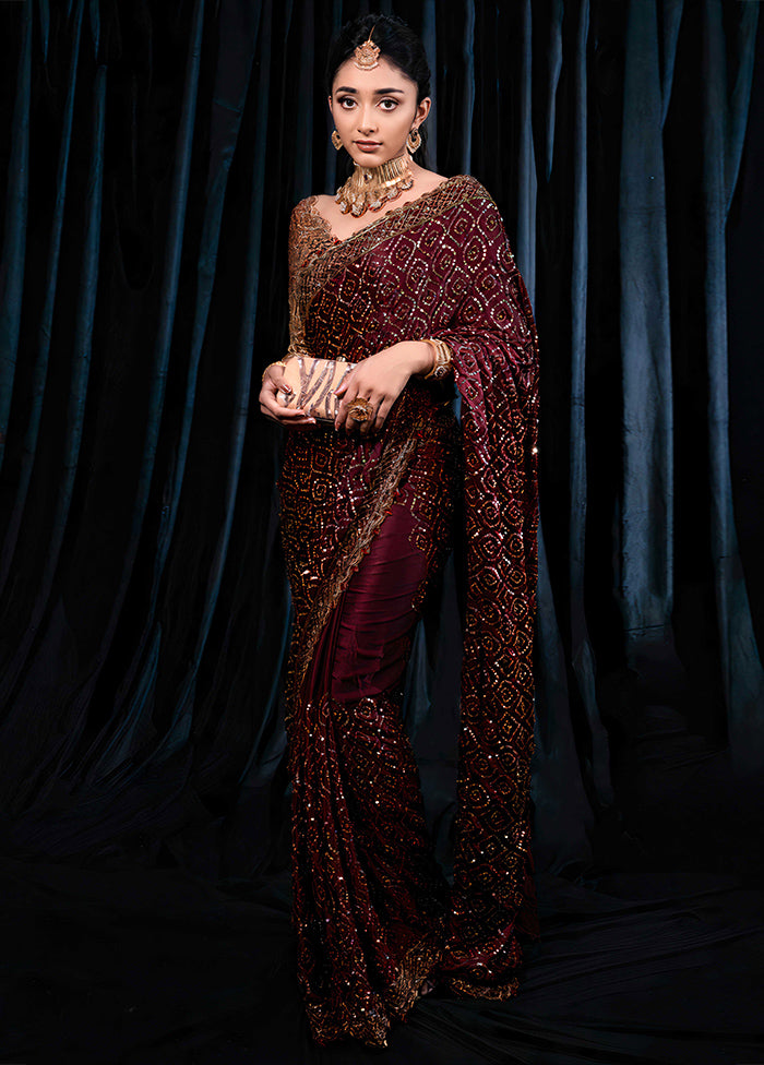 Maroon Georgette Saree With Blouse Piece