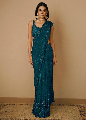 Teal Organza Saree With Blouse Piece