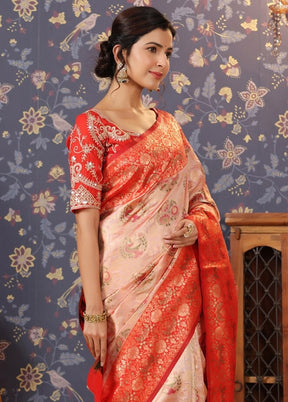 Peach Dupion Silk Saree With Blouse Piece