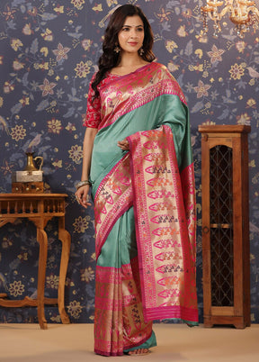 Mint Green Dupion Silk Saree With Blouse Piece