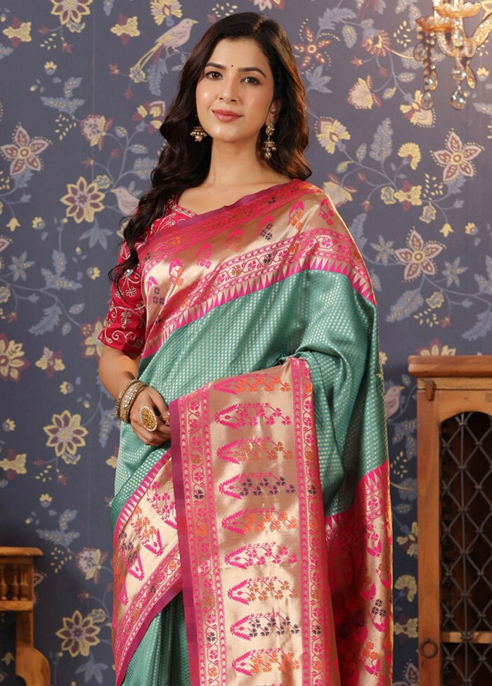 Mint Green Dupion Silk Saree With Blouse Piece