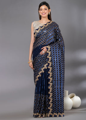 Navy Blue Georgette Saree With Blouse Piece