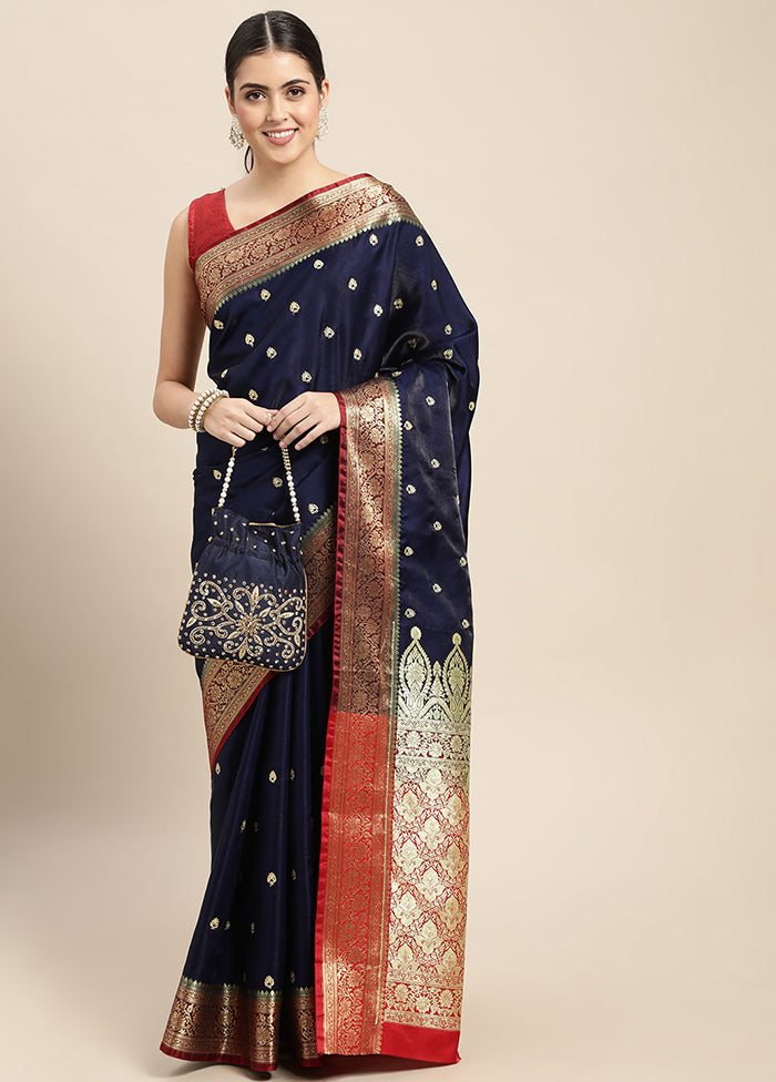 Navy Blue Dupion Silk Saree With Blouse Piece