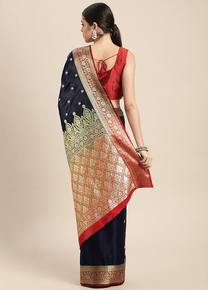 Navy Blue Dupion Silk Saree With Blouse Piece