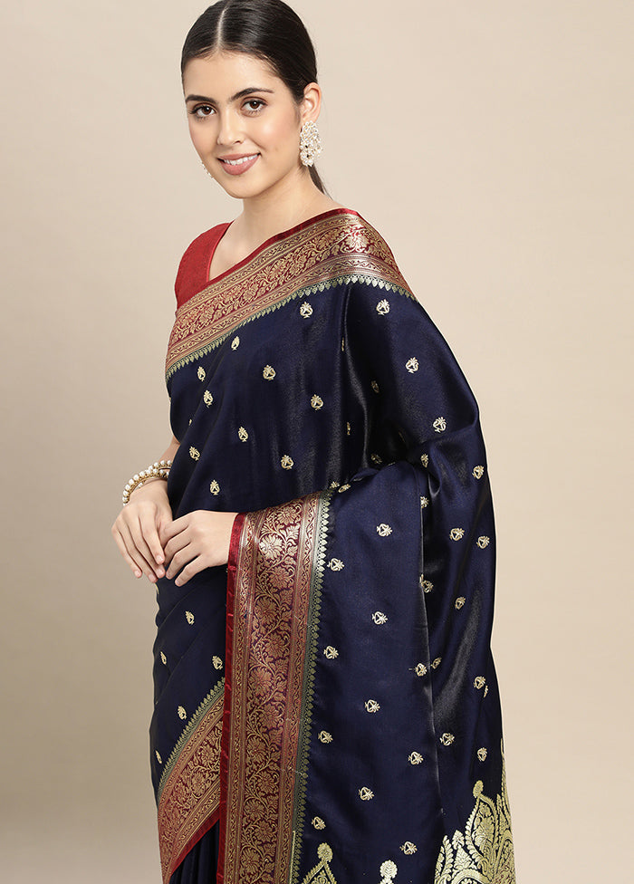 Navy Blue Dupion Silk Saree With Blouse Piece