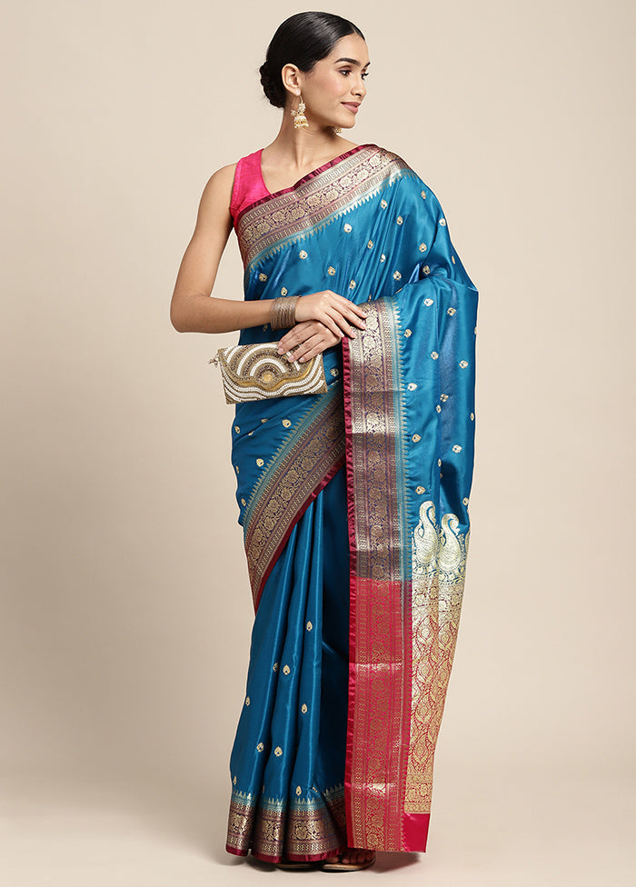 Blue Dupion Silk Saree With Blouse Piece