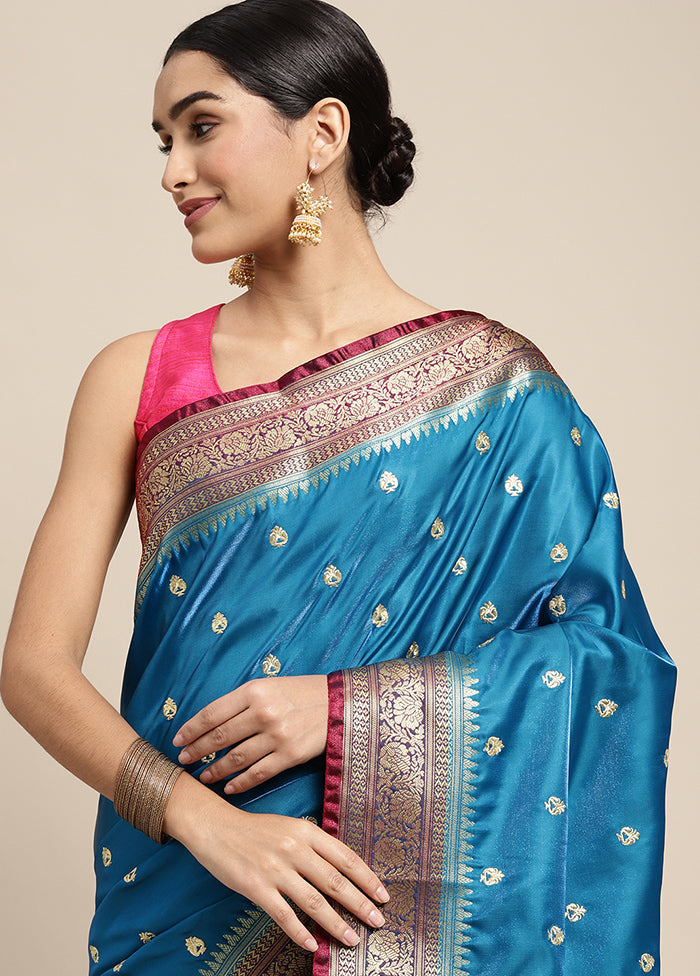 Blue Dupion Silk Saree With Blouse Piece