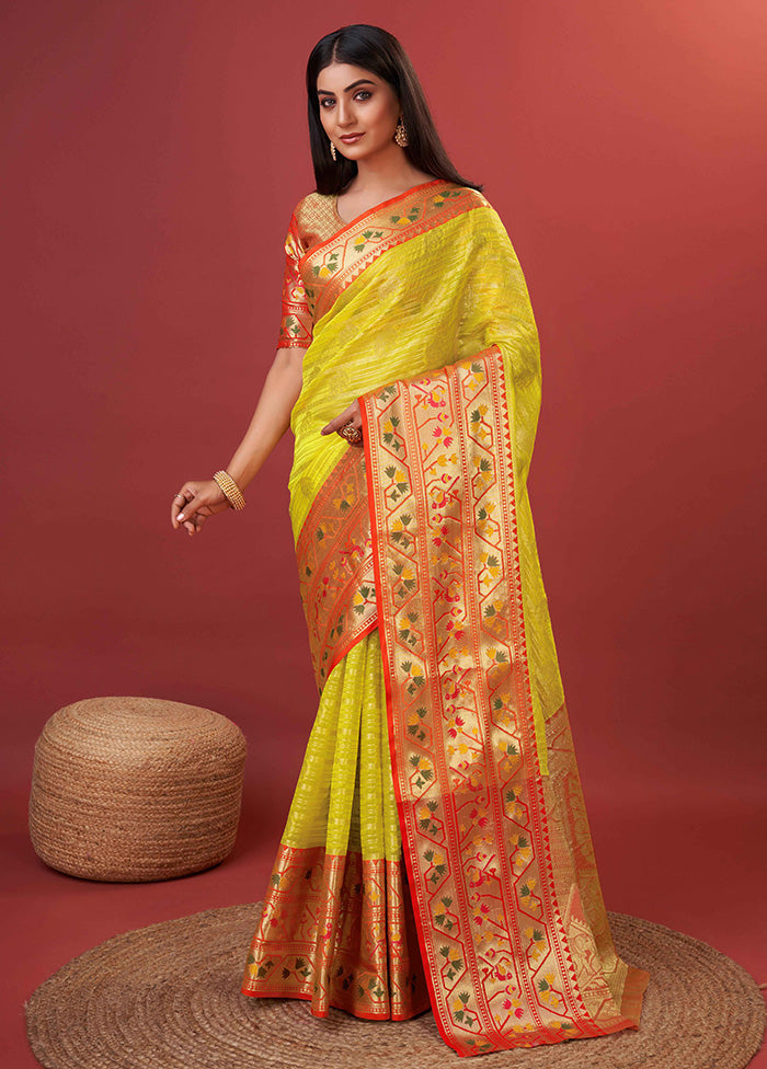 Yellow Dupion Silk Saree With Blouse Piece