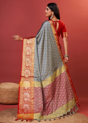 Grey Cotton Saree With Blouse Piece