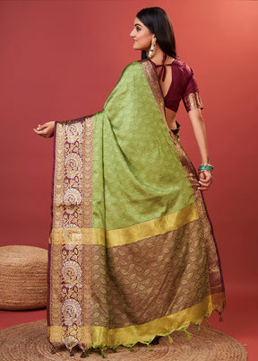 Pista Green Cotton Saree With Blouse Piece