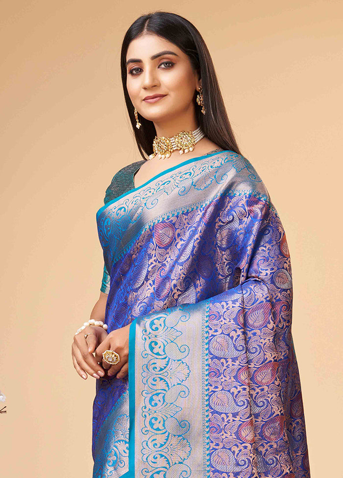 Blue Dupion Silk Saree With Blouse Piece