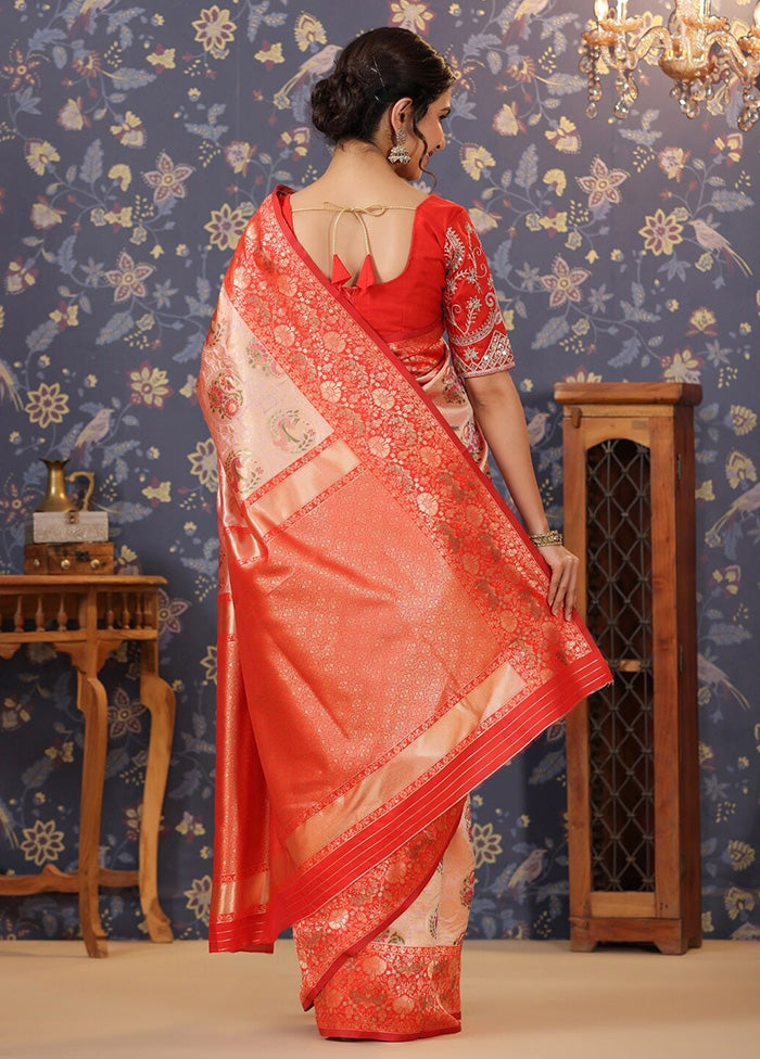 Peach Dupion Silk Saree With Blouse Piece