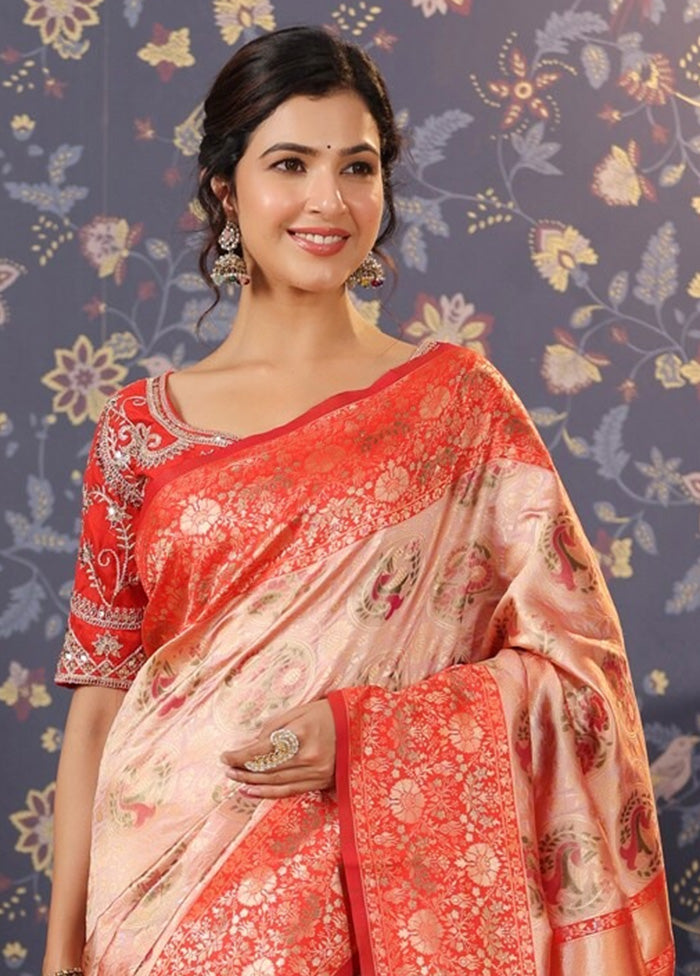 Peach Dupion Silk Saree With Blouse Piece