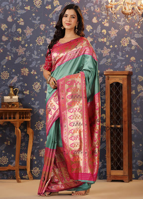 Mint Green Dupion Silk Saree With Blouse Piece