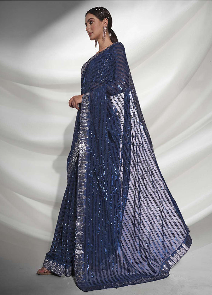Navy Blue Georgette Saree With Blouse Piece