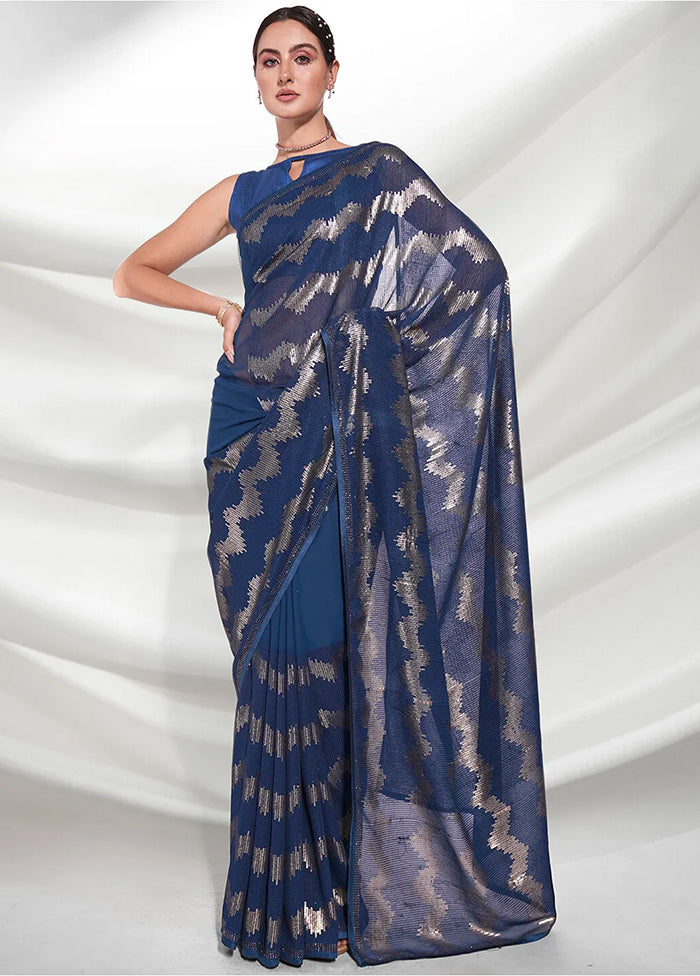 Navy Blue Georgette Saree With Blouse Piece