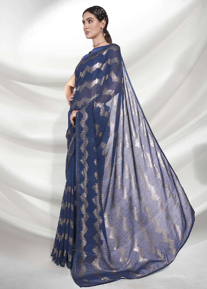 Navy Blue Georgette Saree With Blouse Piece