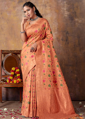 Peach Spun Silk Saree With Blouse Piece