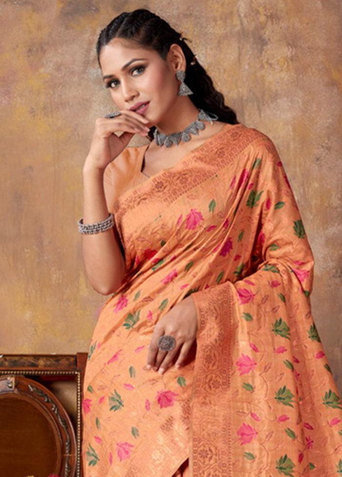 Peach Spun Silk Saree With Blouse Piece