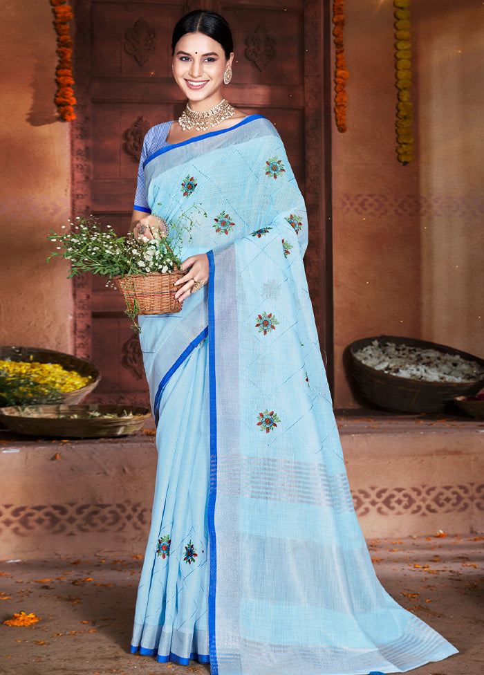 Sky Blue Silk Saree With Blouse Piece