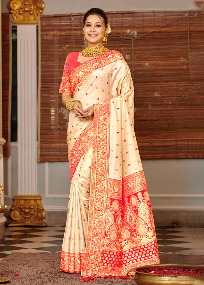 Cream Spun Silk Saree With Blouse Piece