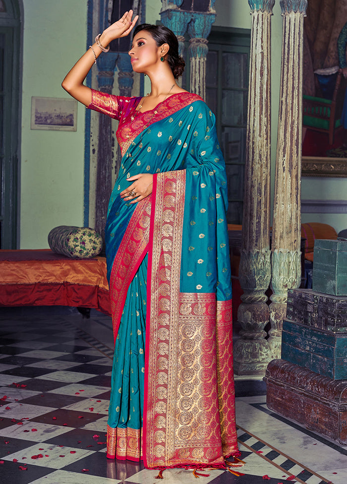 Sky Blue Spun Silk Saree With Blouse Piece