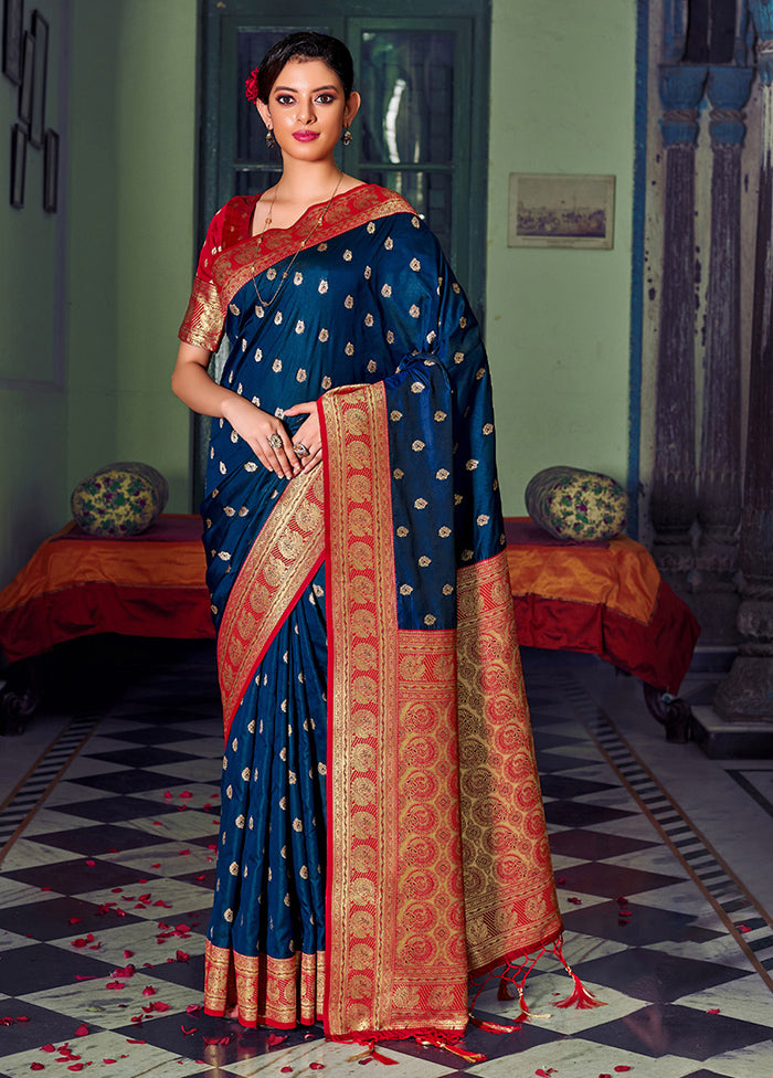 Navy Blue Spun Silk Saree With Blouse Piece