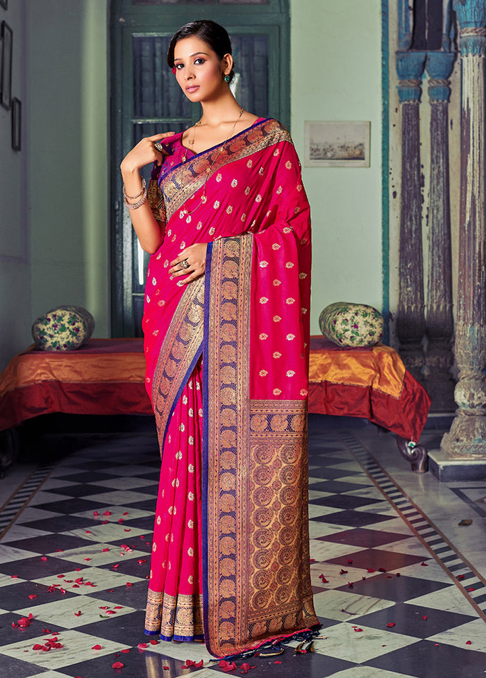 Magenta Spun Silk Saree With Blouse Piece