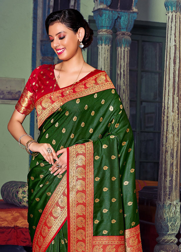 Dark Green Spun Silk Saree With Blouse Piece