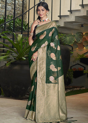 Dark Green Cotton Saree With Blouse Piece