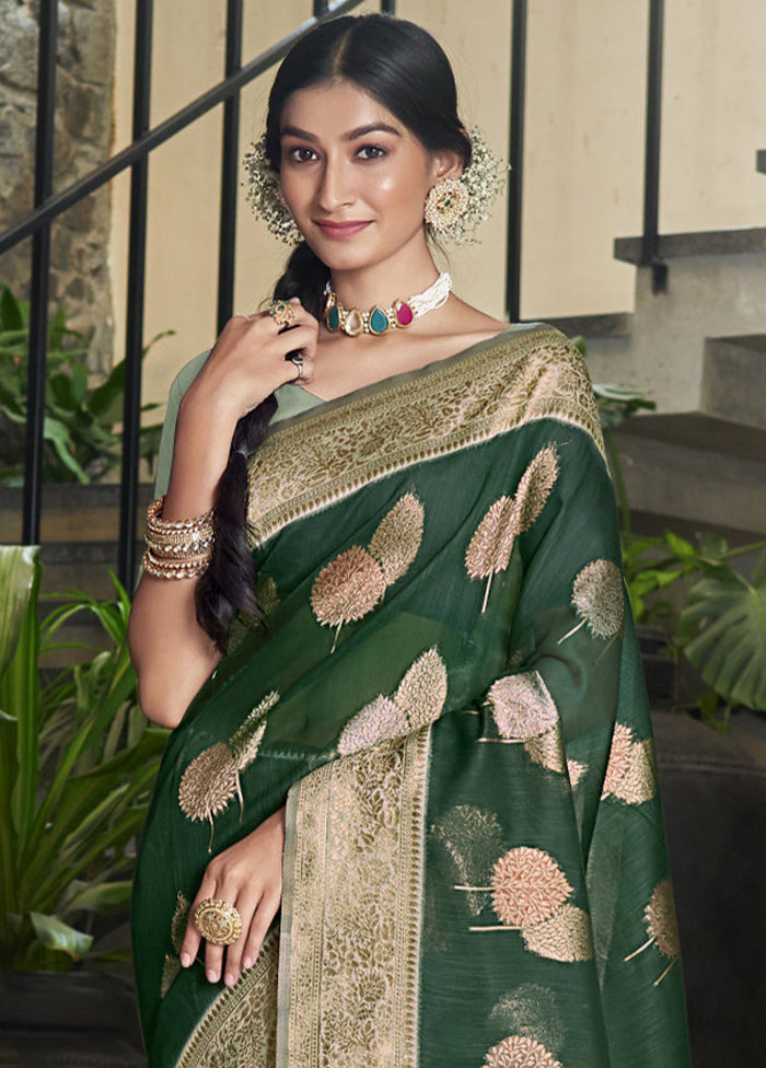 Dark Green Cotton Saree With Blouse Piece