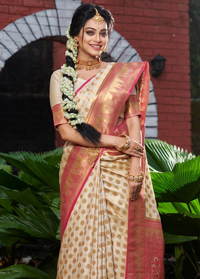 Cream Spun Silk Saree With Blouse Piece