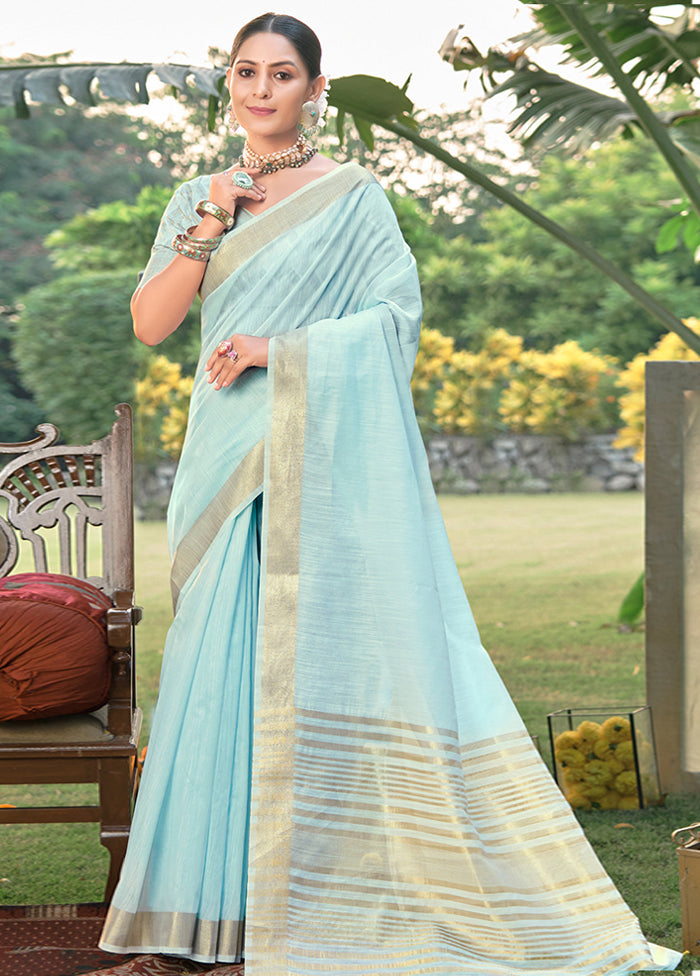 Sky Blue Cotton Saree With Blouse Piece