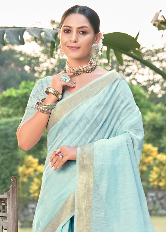 Sky Blue Cotton Saree With Blouse Piece