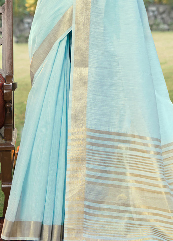 Sky Blue Cotton Saree With Blouse Piece