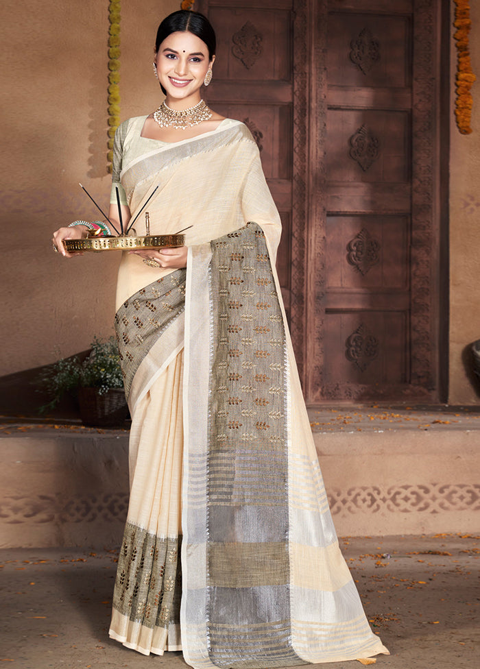 Cream Cotton Saree With Blouse Piece