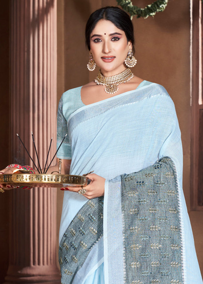 Sky Blue Cotton Saree With Blouse Piece