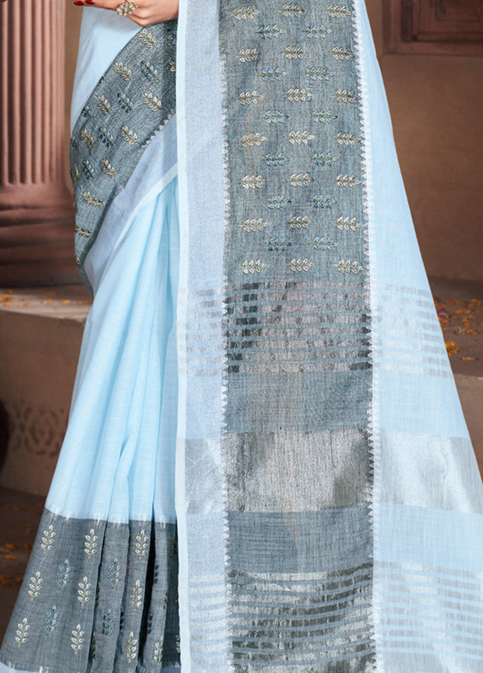 Sky Blue Cotton Saree With Blouse Piece