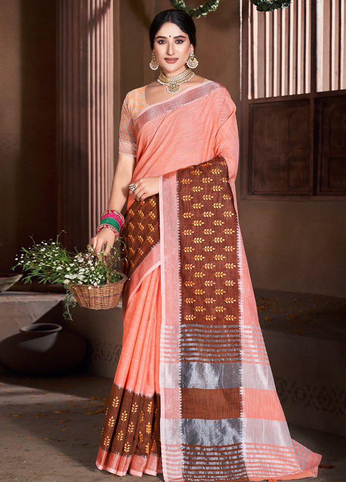 Peach Cotton Saree With Blouse Piece