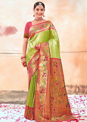 Parrot Green Dupion Silk Saree With Blouse Piece